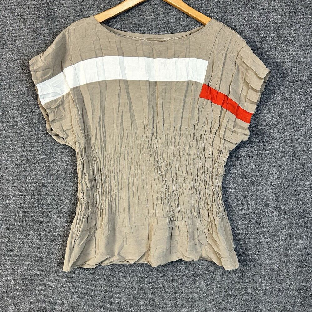 Babette Blouse Womens M Beige Textured Stripe Short Sleeve Top